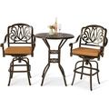 VIVIJASON 3-Piece Patio Swivel Bar Stools Set All Weather Cast Aluminum Outdoor Bar Height Bistro Set with 2 Cushioned Bar Chairs & 30.8 High Bar Table w/Umbrella Hole for Backyard Lawn Garden