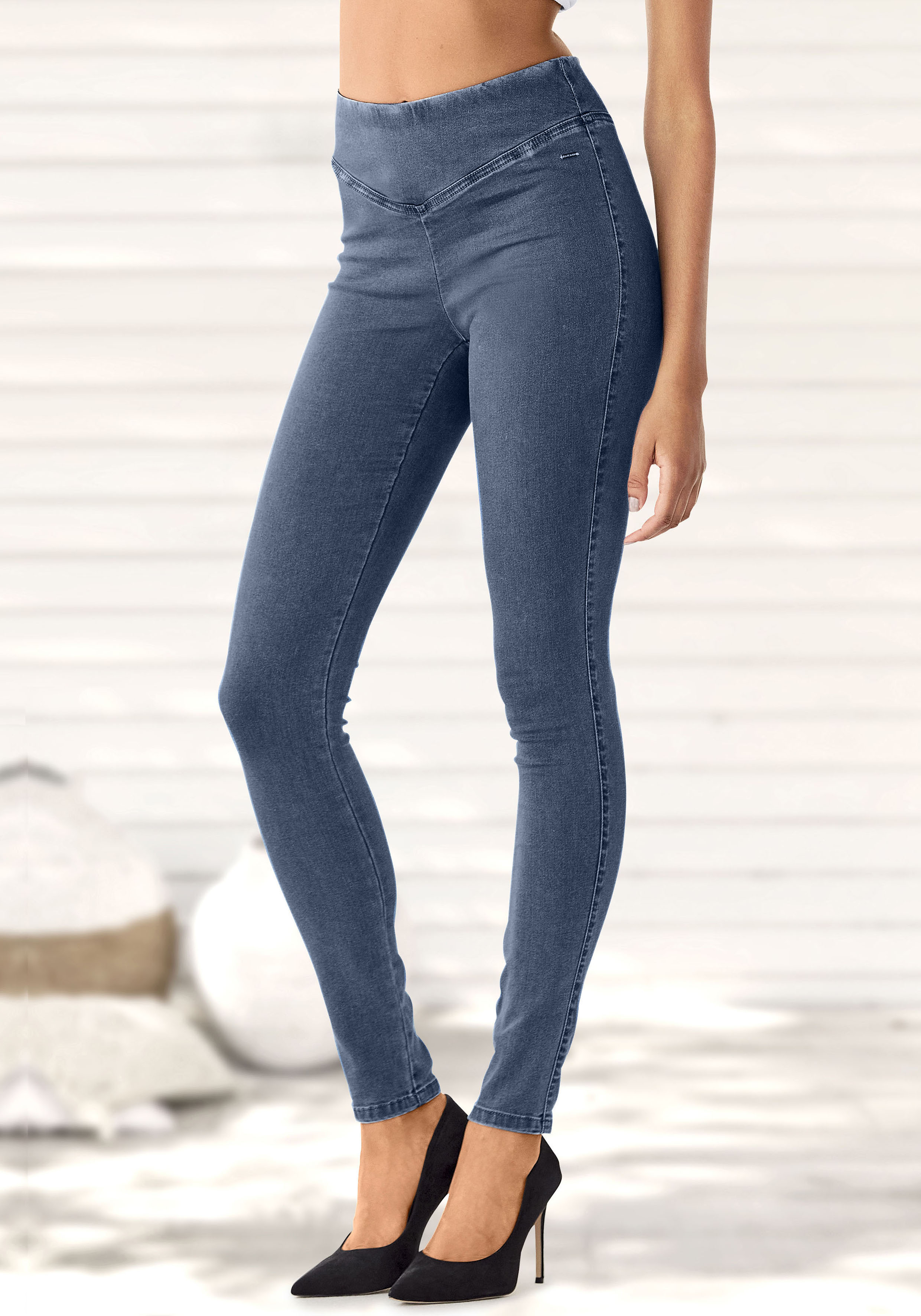 Jeggings BUFFALO, Damen, Gr. 44, N-Gr, blau (jeansblau, blau), Web, Obermaterial: 69% Baumwolle, 21% Polyester, 8% Viskose, 2% Elasthan, unifarben, Basic, figurbetont, Hosen Jeggings, mit breitem Bund