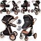 Baby Pram Pushchair Buggy Stroller 3 in 1 Child Lightweight Folding Stroller 3 in 1 Travel System Pram for Newborns Toddlers 0-36 Months from Birth Aluminum (Black - Rose Gold Frame)