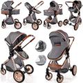 Baby Pram Pushchair Buggy Stroller 3 in 1 Child Lightweight Folding Stroller 3 in 1 Travel System Pram for Newborns Toddlers 0-36 Months from Birth Aluminum (Grey - Rose Gold Frame)