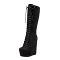 HEUIVZAR Women Platform Wedge High Heel Round Toe Mid Calf Lace-up Zipper Party Dress Boots Black 10.5 UK
