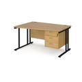 Office Desk | Left Hand Wave Desk 1400mm With Pedestal | Oak Top With Black Frame | Maestro 25 MC14WLP3KO