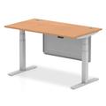 Air 1400 x 800mm Height Adjustable Desk Oak Top Cable Ports Silver Leg With Silver Steel Modesty Panel