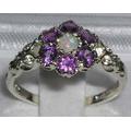 9K Solid White Gold Natural Opal & Amethyst Cluster Flower Daisy Pave Ring, Seven Stone Engagement Ring -Made in England-Customizable