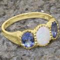 9K Yellow Gold Natural Opal & Tanzanite Womens Trilogy Ring - Customizable 9K, 10K, 14K, 18K Yellow, Rose Or White Platinum