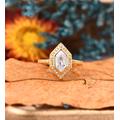 Hexagon Moissanite Ring For Women, Bezel Set Bridal Promise Ring, Half Eternity Halo Vintage Yellow Gold Anniversary