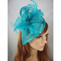 Turquoise Blue Teardrop Sinamay Fascinator With Feathers - Wedding Races Special Occasion Hat