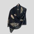 Hand Embroidered Scarf-Black Colour/ Feathers/Leaves Print/Autumn Scarf/Women Scarves Gifts For Her Accessories Handmade