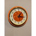 Colour Etched Formica Caravan Kitchen Wall Clock From Royale - Midcentury Atomic Jetsons Retro Style in Neon Tangerine