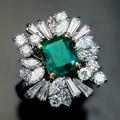 Green Emerald Cut Diamond Ring/Baguette & Round Cocktail Party Wear Wedding Bridal Engagement