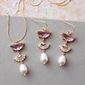 Penelope // Gold Pink Bridal Necklace & Earring Set Pearl Drop Wedding Earrings Blush Jewelry Fan Earrings