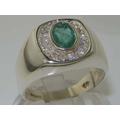 18K White Gold Natural Emerald & Diamond Mens Signet Ring - Customizable 9K, 10K, 14K, 18K Yellow, Rose Or Platinum