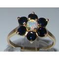 Solid 9K Yellow Gold Natural Colorful Opal & Dark Blue Sapphire Cluster Flower Ring, English Vintage Design Floral Ring - Customizable