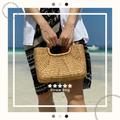 straw Top Handle Bag Wicker Woven Basket Vintage Tote Summer Beach Wedding Handbag Gift For Her Free Tassel