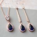 Rose Gold Blue Necklace & Earring Set, Bridal Necklace, Art Deco Earrings Crystal Drop Prom Jewelry Set Wedding Set Gift