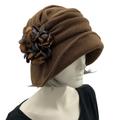 Cloche Hat Women, Handmade in Brown Fleece With Hydrangea Brooch, Satin Lined Winter Hat, Vintage Style Fancy