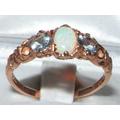 Elegant Solid 9K Rose Gold Natural Opal & Aquamarine English Victorian Style Trilogy Vintage Ring - Made in England