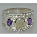 Contemporary 925 Sterling Silver Ethnic Style Opal & Amethyst Trilogy Ring, Twist Rope Edge Wide Band Ring -Made in England - Customizable