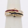 Vintage 18K Gold Carre Cut Diamond, Sapphire, & Ruby Wave Ring, 1970S Stacking Band