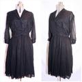 Vintage 50's 60's/Black Chiffon Pleated Day Party Dress Illusion Sleeves Alexander's Of California S-M