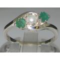 10K White Gold Freshwater Pearl & Emerald Trilogy Ring, Modern Wave Design - Customizable Platinum, 9K, 10K, 14K, 18K