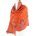 Hand Embroidered Orange Pure Wool Pashmina, Shawl, Wrap, Stole, Scarf