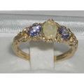 Solid 14K Yellow Gold Natural Opal & Tanzanite Engagement Ring, English Victorian Style 3 Stone Trilogy Ring - Customizable