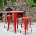 BizChair Commercial Grade 23.75 Square Red Metal Indoor-Outdoor Bar Table Set with 2 Square Seat Backless Stools