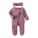 Qufokar Infant Girl Outfits Snap Romper Baby Baby Girl Boy Ruffle Romper Knit Jumpsuit Long Sleeve Zipper Footie Playsuit Headband Solid Fall Winter Outfits