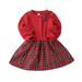 Girls Tight Dress Princess Style Dress Toddler Kids Baby Girls Ribbed Long Sleeve Dress With Bowknot Patchwork Plaid Girl Dresses Sundress Wedding Dress for Teenager Girl Little Girl Casual Dress