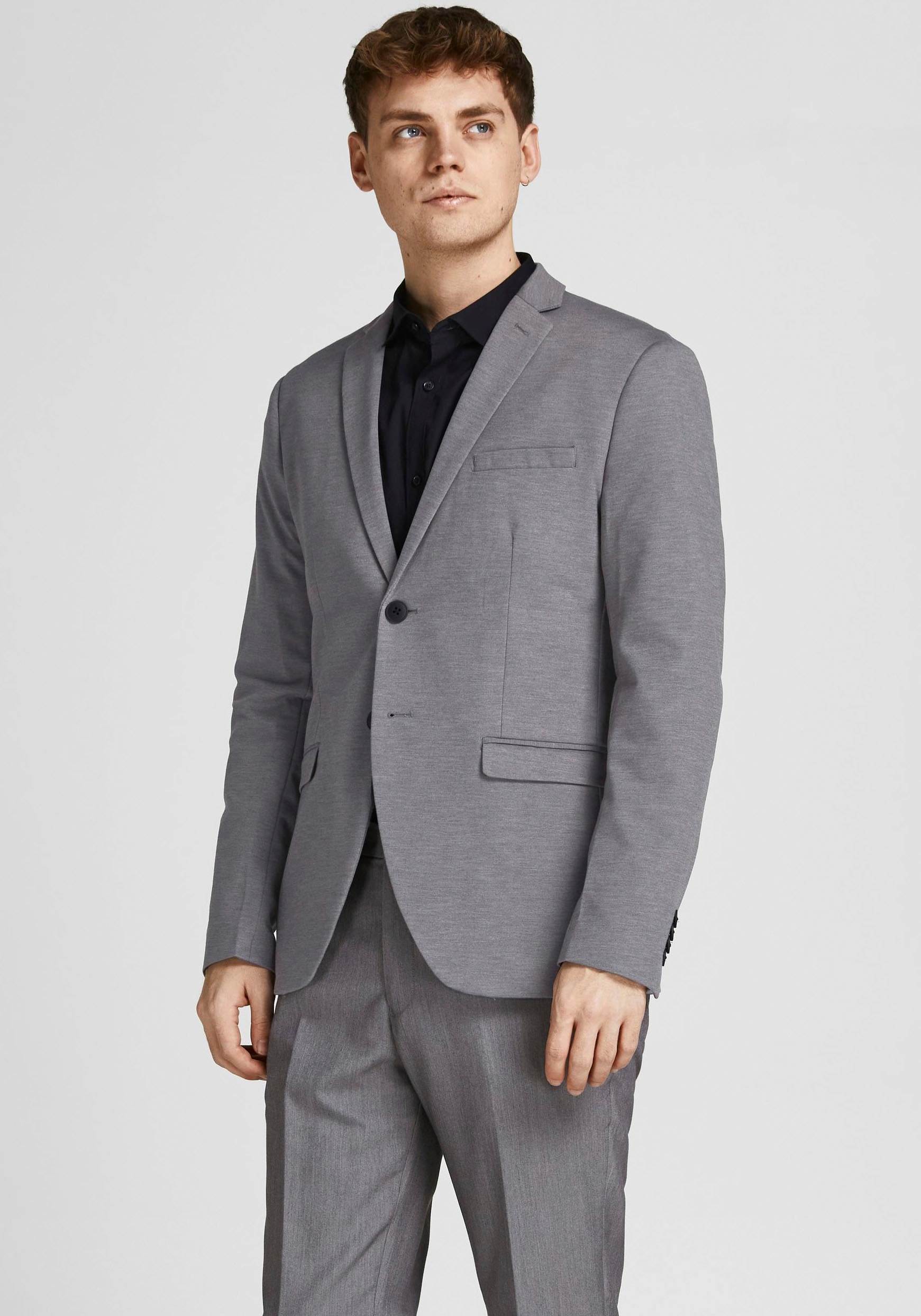 Sakko JACK & JONES "JPRFRANCO Blazer mit 2-Knopf-Form und extra schmalem Schnitt", Herren, Gr. 52, grau (light grau melange), Web, Obermaterial: 78% Polyester, 17% Viskose, 4% Elasthan, 1% sonstige Fasern, meliert, slim fit, 1-Knopf-Manschette,...