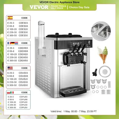 VEVOR 18-28 L/h Machines à Crème Glacée Commerciale Machine à Glace Italienne de Comptoir 3 Saveurs
