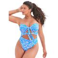 Plus Size Women's Underwire Tie Front Bandeau One Piece by Swimsuits For All in Blue Animal (Size 10)
