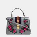 Gucci Grey Floral Sequins Patch Leather Medium Sylvie Top Handle Bag, Grey