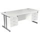 Office Desks - Karbon K3 Rectangular Deluxe Cantilever Desk With Double Fixed Pedestals 1600W with Double 3 Drawer Pedestal in White with Sil