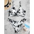 Women ZAFUL Ribbed Tie Dye Twisted High Leg Tankini Swimwear S Black