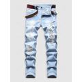Mens Button Ripped Pockets Zipper Fly Jeans 32 Light blue