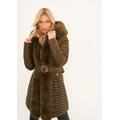 Longline Hooded Faux Fur Front Puffer Panelled Buckle Belted Coat Green