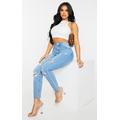 Petite Light Wash Ripped Mom Jeans, Light Blue Wash