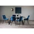 Bentley Designs Trent Grey Painted Tempered Glass 6 Seater Dining Table & 6 Fontana Blue Velvet Fabric Chairs On Black Legs