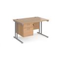 Maestro 25 straight Office Desk 1200mm x 800mm with 2 drawer pedestal - silver cantilever leg frame, beech top