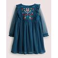 Long Sleeve Tulle Dress Blue Girls Boden, Baltic Blue Embroidered Flower
