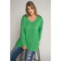 Plus Size Cable Accent V-Neck Fine Knit Sweater, Woman, green, size: 16/18, synthetic fibers/cotton, Ulla Popken