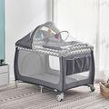 2 in 1 Baby Travel Cot with Mattress 114 x 77cm, Foldable Baby Crib and Playpen (Birth to 3Y), Portable Infant Nursery Center Playard with Changing Table, Mosquito Net, Wheels, Carry Bag, Grey-White