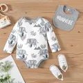 2pcs Baby Boy Long-sleeve Allover Elephant Print Romper with Letter Print Bib Set