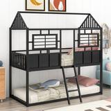 Twin over Twin Size Metal Low Bunk Beds Roof Fence Shaped Guardrail