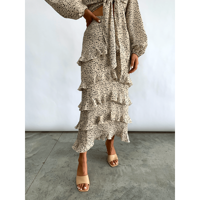 Cecile Ruffle Midi Skirt - Cream Abstract
