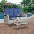 PARKWELL 2 Pieces Outdoor Patio Conversation Set Rattan Wicker Loveseat Sofa Chair and Glass Coffee Table for Backyard Porch Garden Balcony Use Blue