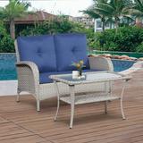 PARKWELL 2 Pieces Outdoor Patio Conversation Set Rattan Wicker Loveseat Sofa Chair and Glass Coffee Table for Backyard Porch Garden Balcony Use Blue