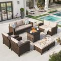 Sophia & William 7 Pieces Wicker Patio Furniture Set 9-Seat Outdoor Conversation Set with Fire Pit Table Beige
